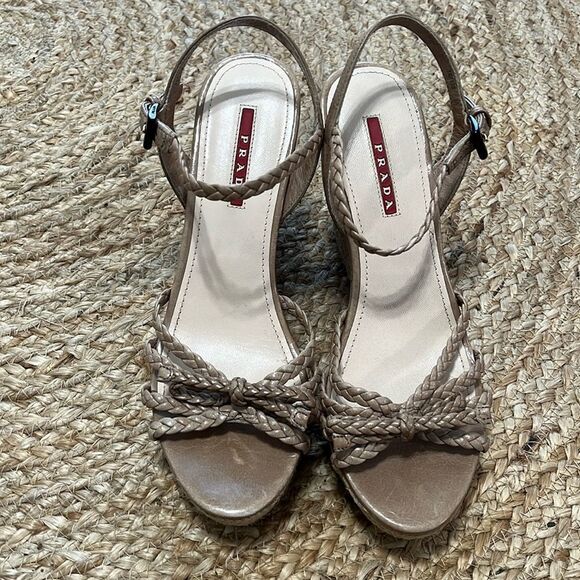 Prada Leather Straw Wedge Heels size 38 - Picture 1 of 5